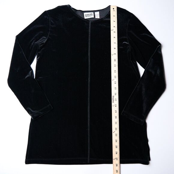 Chico’s Women’s Size 0 XS Black Velvet Stretch Top Round Neck Long Sleeve Slit - Picture 4 of 6